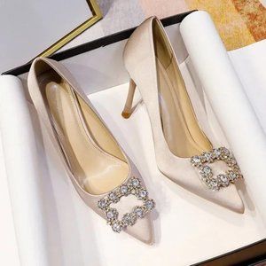 Rhinestone satin point-toe pumps